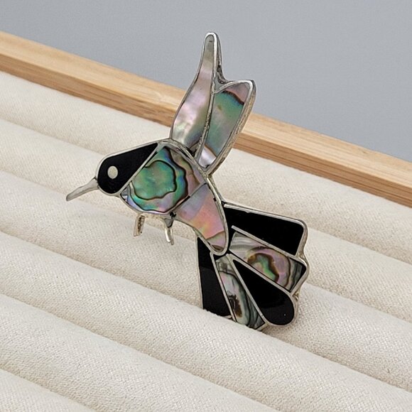 Vintage Mexican Abalone & Onyx Alpaca Silver Hummingbird Brooch Pin - Picture 2 of 7
